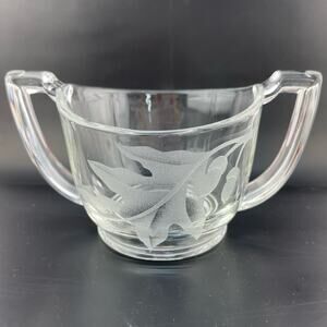 Vintage Oak Leaf Etched Glass Sugar Dish Trophy Handled Leaf and Acorns Sugar